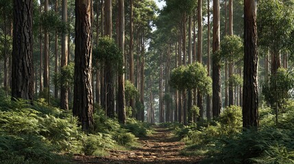 Fototapeta premium Sunlit forest path winding through tall pine trees and lush green ferns, inviting exploration and nature scenes