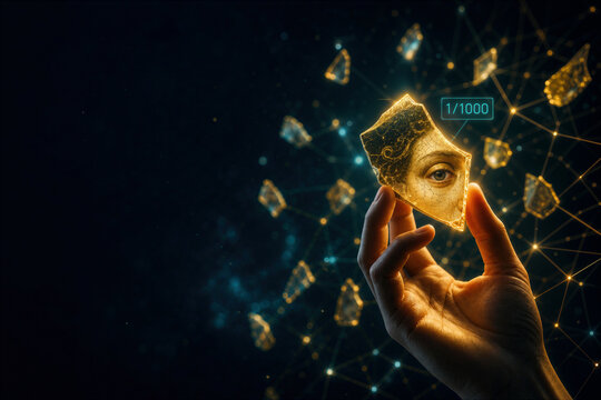Hand holding luminous golden Renaissance painting shard with painted eye and blockchain lattice network 1/1000 fractional ownership tokenization art investment concept
