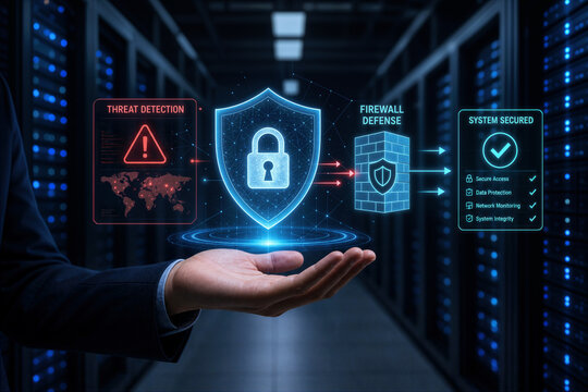 Hand presenting cyber security icons threat detection firewall defense system secured in server room enterprise network protection concept for IT security and data protection visualization