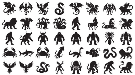 Fototapeta premium Mythical creatures and legendary monsters silhouette set, 40 fantasy beast icons, black folklore animal vectors for gaming and logo design