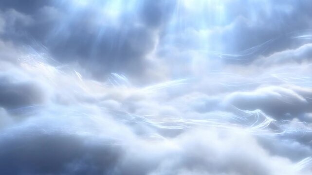 Ethereal clouds shifting beneath radiant sky with soft light rays in motion