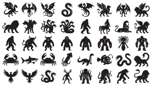 Mythical creatures and legendary monsters silhouette set, 40 fantasy beast icons, black folklore animal vectors for gaming and logo design