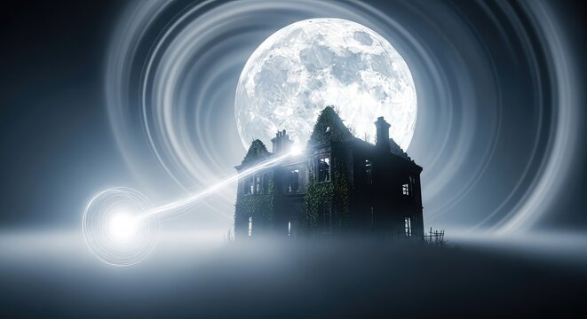 An eerie ethereal light drifts through a dense fog towards a ruined dilapidated mansion under the intense light of a massive silver moon, architecture, fog, shadows
