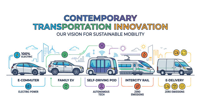 Sustainable Mobility Innovation: Electric Cars, Self-Driving Pod, Intercity Rail, E-Delivery Van