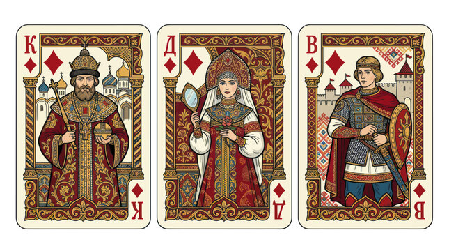Russian Royal Playing Cards: King, Queen, Jack of Diamonds