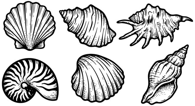 Detailed black and white vector illustration set featuring various sea shells drawn in artistic style