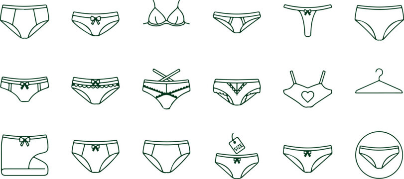 Collection of line art icons depicting various types of underwear and lingerie for women, including bras, panties, thongs and sleepwear for fashion.