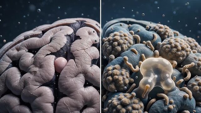 Microscopic 3D split view comparing brain tissue regeneration on the left with progressive amyloid plaque and tau tangle accumulation on the right
