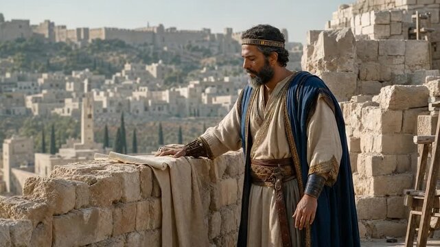 Historical figure reviewing architectural plans on a stone wall overlooking an ancient city