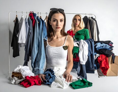 Two women sorting colorful clothing piles.