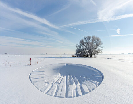 Snowy landscape with frozen tree and circular snow art