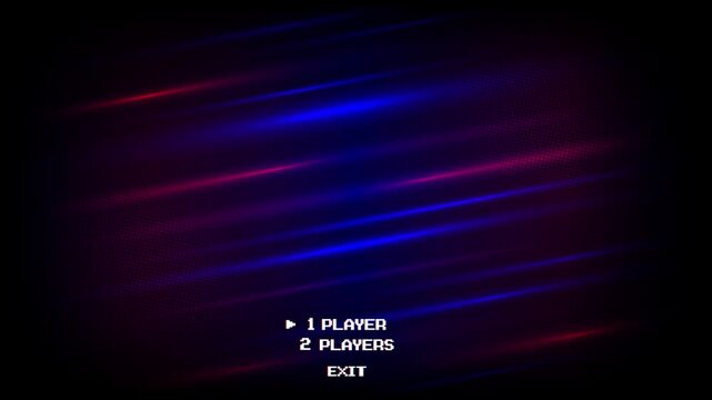 START NEW GAME play. Synthwave wireframe net illustration. pixel art 8 bit . Retro Futurism Sci-Fi Background. glowing neon grid and stars