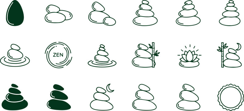 zen stone stacks and natural elements like egg bamboo lotus flower moon and circular zen symbol for spa wellness meditation relaxation and yoga themed designs isolated on transparent background.
