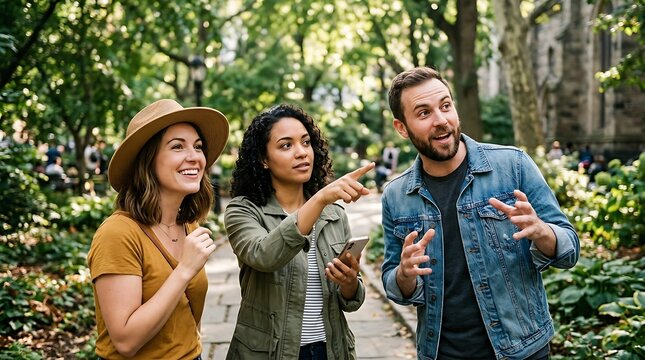 A diverse group of friends enjoying a guided tour in a vibrant city park, pointing out interesting sights and engaging in conversation