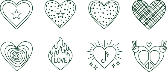 stylized heart shapes with different patterns and themes including star dots plaid swirl fire flames music notes peace signs and floral motifs for valentine's day and love celebrations. © Sadhin