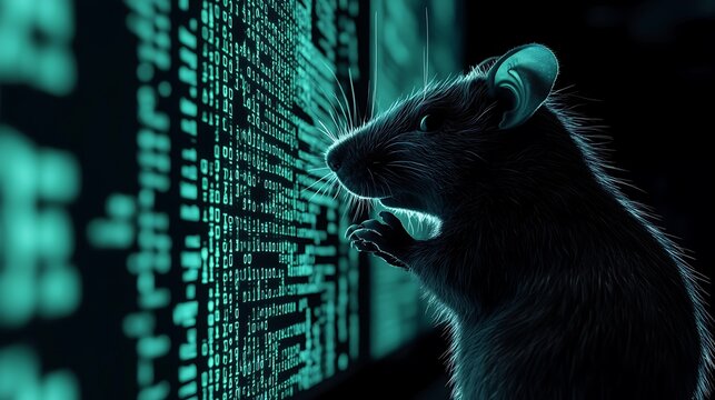 Cybersecurity concept rat interacting with digital binary code matrix