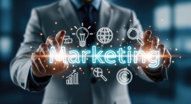 Digital marketing concept with glowing icons and business professional