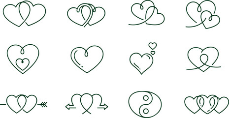 Fototapeta premium Set of intertwined hearts symbols and emblems in line art style representing love connection unity and relationship on transparent background.