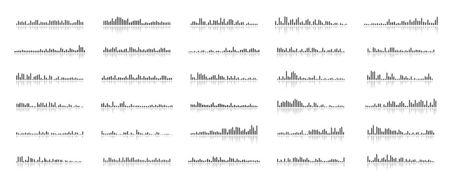 Black volume audio podcast sound waves. Audio sound wave. Waveforms frequency voice microphone signals. Music soundwaves tune equalizer vector set 