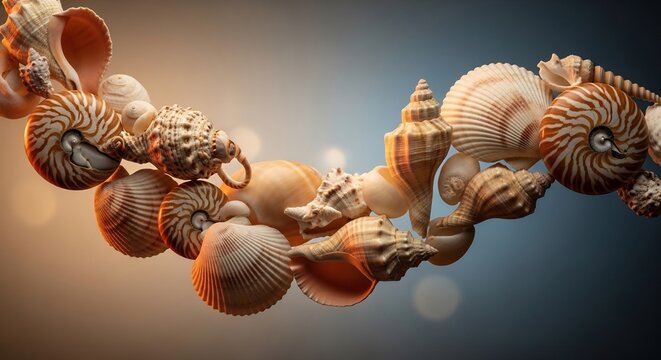 Exotic Seashells and Nautilus Shells Artfully Arranged in a Swirling Pattern.