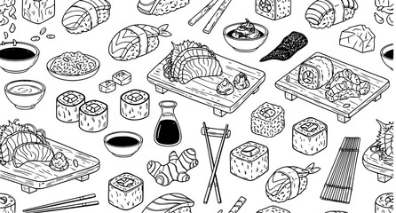 Hand Drawn Sushi Seamless Pattern with Japanese Food Elements Doodle Vector Background © Md