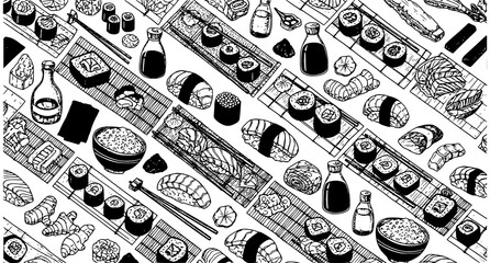 Hand Drawn Japanese Sushi Seamless Pattern with Food Ingredients and Restaurant Elements Vector © Md
