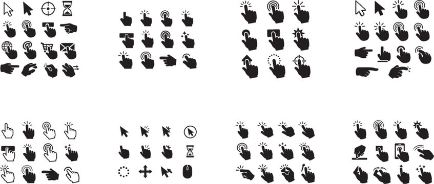 Hand click cursor icon set, pointer press click here web UI vector illustration pack isolated design
