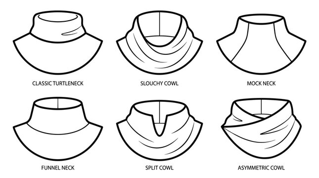 types of turtleneck and cowl neck collar styles flat sketch vector illustration technical cad drawing template