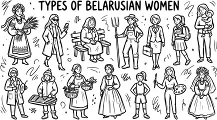 Obraz premium Belarusian Women Types Black and White Line Art: Hand-drawn Vector Illustration of Diverse People, Culture, Professions Lifestyles