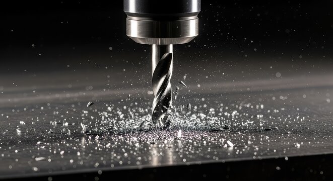 Industrial machinery drilling a precise hole into a thick metal sheet as sharp metal chips and dust scatter across the dark steel surface, steel, chips, power