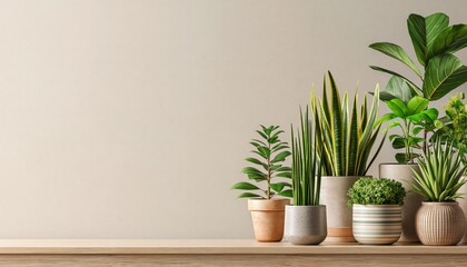 Fototapeta premium Collection of various potted indoor plants arranged on a wooden shelf against a neutral wall