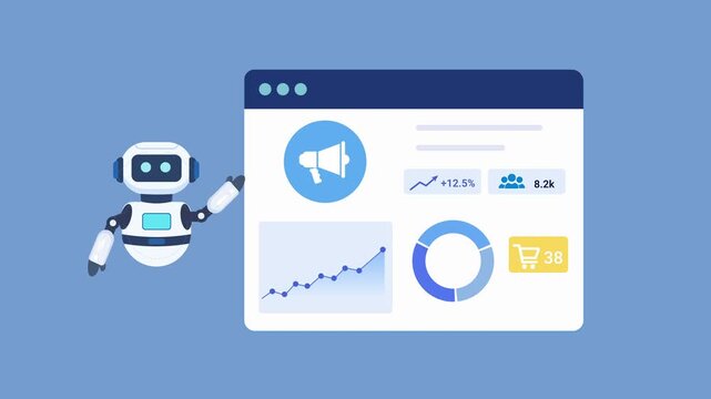 Animated robot assistant presenting a marketing analytics dashboard with campaign metrics, performance charts, and business insights. Looping motion graphic for digital marketing concepts.