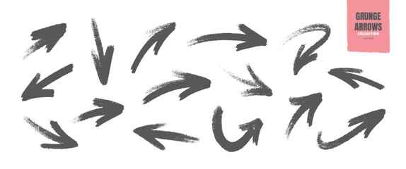 Fototapeta premium Collection of grunge arrow icons in a hand-drawn artistic style. Vector illustration with black ink brush strokes, dry textures and pointers. Perfect for creative business designs and infographics.