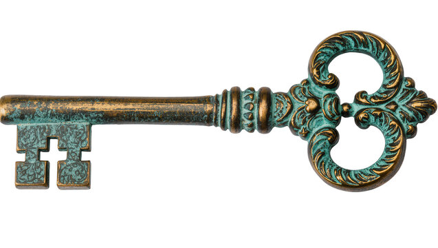 Antique ornate brass key with verdigris patina