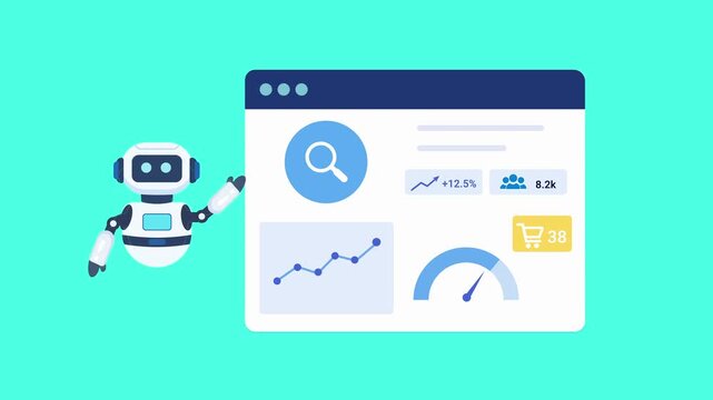Animated robot assistant presenting a business analytics dashboard with growth chart, performance metrics, and data insights. Looping motion graphic for technology and reporting concepts.