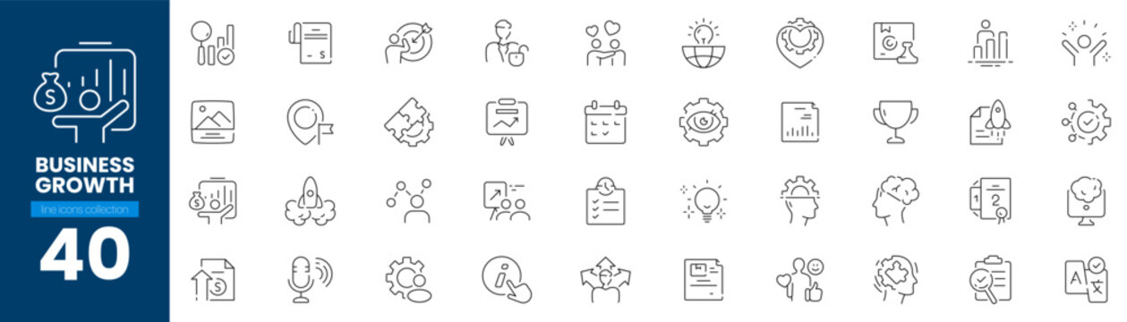 Business growth line icons set featuring professional success and company development graphics.