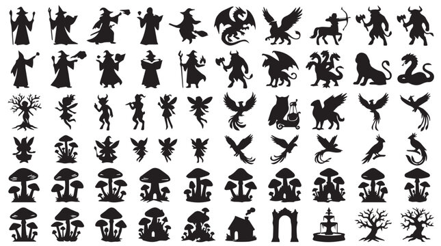 Fantasy creature silhouettes and mythical character icons, 60 magic vector elements, black fairytale monsters and wizard shapes for tabletop gaming