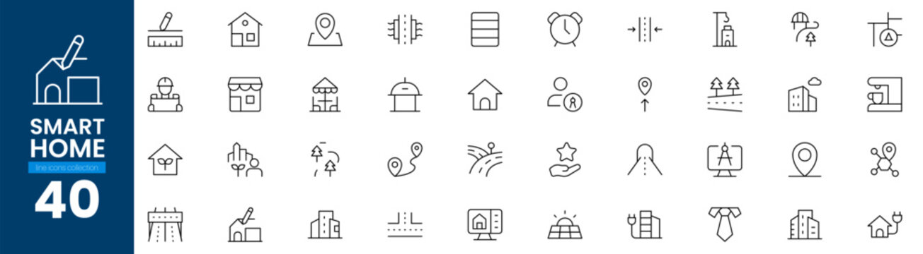 Collection of 40 modern line icons for smart home construction and property mapping.