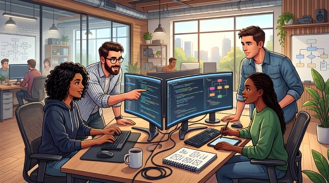 Diverse team of software developers collaborates on project in modern office, working with multiple monitors, discussing code and development strategies.