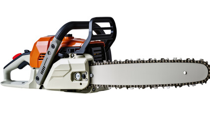 Fototapeta premium Orange and beige gasoline chainsaw with black handle and metal chain