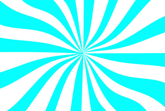 Swirling cyan and white sunburst vector background with retro pop art spiral rays