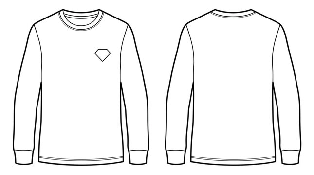Long sleeve t-shirt with chest logo flat technical fashion illustration. Crew neck tee vector template. front and back view. regular fit. unisex. transparent background. CAD mockup.