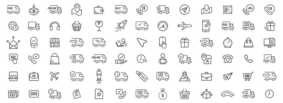 Delivery icons collection, shipping service vector sketch, logistics linear pictogram set, e-commerce outline signs.