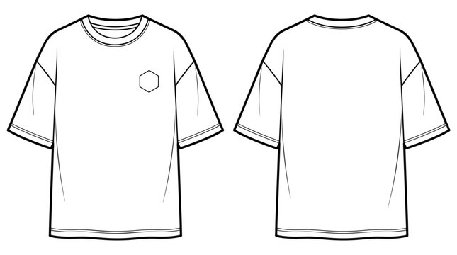 Oversized drop shoulder t-shirt flat technical fashion illustration. Heavyweight tee vector template. front and back view. loose fit. unisex. white color. transparent background. CAD mockup.