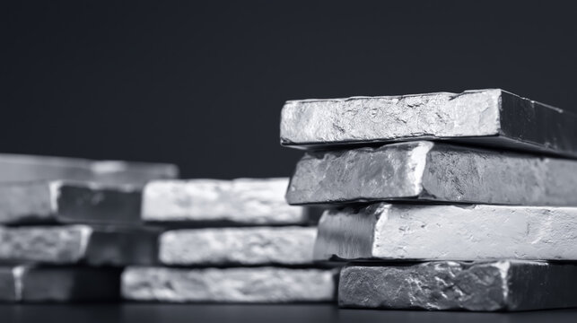 Stacked silver metal ingot bars on dark background