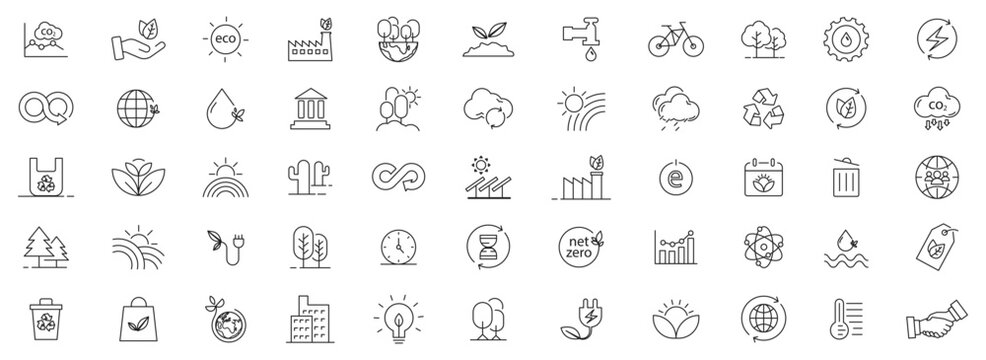 Ecology linear icons collection, environment protection vector sketch, nature conservation outline signs.