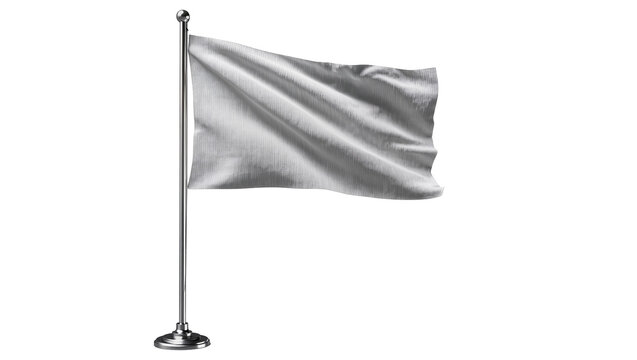 Waving white fabric flag on metal pole with round base
