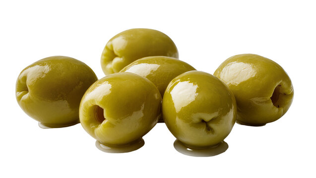 Six pitted green olives with glossy skin and liquid
