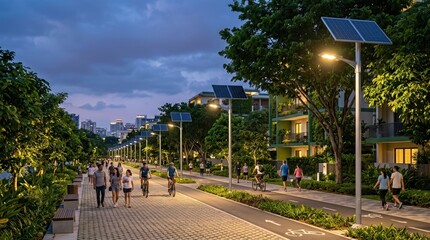 Naklejka premium Solar powered street lights in a modern urban park at dusk. People walking and cycling on a paved path in a sustainable green city. Renewable energy and eco-friendly urban living concept
