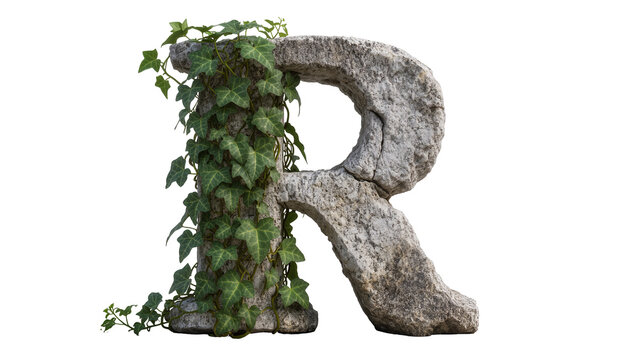 Stone letter R covered with green ivy vines